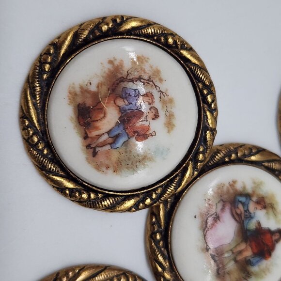 Vintage Porcelain Pendant on Brass Frame Embellishments Courting Couple Set of 8 - Picture 5 of 9